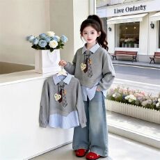 批发女童卫衣春装时尚新款<b class='q'>儿童</b>学院风假两件POLO领打底衫女孩春秋上衣