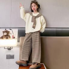 批发中小学生秋季新款学院风条纹套装女<b class='q'>童</b><b class='q'>时尚</b>休闲披肩<b class='q'>卫</b>衣裤子两件套