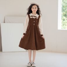 批发<b class='q'>女</b><b class='q'>童</b>春秋季新款<b class='q'>气质</b>淑女假两件裙子中小学生时尚拼色复古风连衣裙