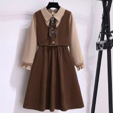 批发中小学生女孩领结长袖<b class='q'>春</b>装裙子女童<b class='q'>春</b>秋季新款学院风假两件连衣裙