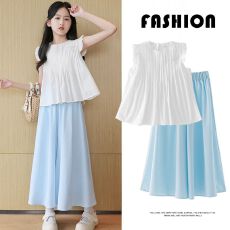 批发<b class='q'>女</b><b class='q'>童</b>短袖<b class='q'>套装</b>夏季2026新款儿童冰丝阔腿裤网红夏装大童裙裤两件套
