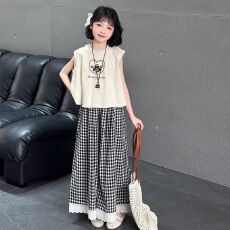 批发<b class='q'>女</b><b class='q'>童</b>夏季<b class='q'>套装</b>2026新款女大童休闲无袖t恤中大童蕾丝宽松格子裤裙