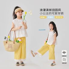 批发女童格子阔腿裤2026新款夏装九分裤子<b class='q'>儿童</b>直筒夏季多巴胺女孩童