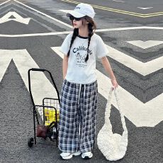 批发女童短袖套装夏季2026新款女大童薄款格子阔腿裤儿童夏装<b class='q'>休闲</b>穿搭