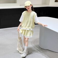 批发<b class='q'>女童</b>连<b class='q'>衣裙</b>夏装2026新款洋气儿童学院风拼接短袖套装女孩夏季短裙