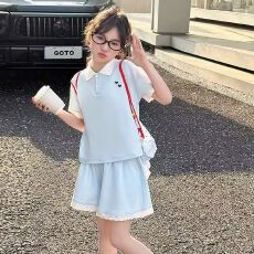 批发刺绣【65棉，30涤5氨纶女<b class='q'>童</b><b class='q'>洋气</b>蕾丝绣花<b class='q'>套装</b>（220克爽滑珠地棉）