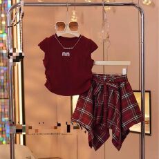 批发50棉上衣棉92氨纶8 裙子聚酯纤维）<b class='q'>女童</b>夏<b class='q'>装</b>套装红色格子裙两件套