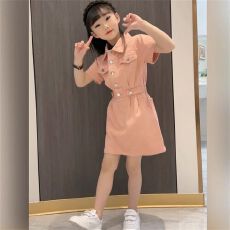 批发【纯棉女<b class='q'>童</b>工装学院风连衣裙小女孩洋气短袖水洗棉韩版裙子儿<b class='q'>童</b>装