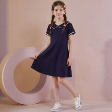 批发中大童女孩夏季新款时尚休闲风短袖公主裙子<b class='q'>女童</b>娃娃<b class='q'>领</b>夏装连衣裙