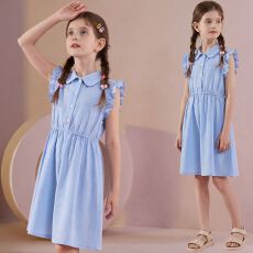 批发<b class='q'>女童</b>翻领<b class='q'>衬衫裙</b>无袖连衣裙夏季新款中大童背心裙女孩简约风纯色裙