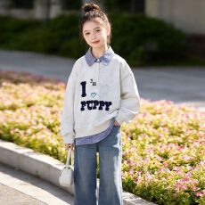 批发韩系拼接衬衫领假两件女<b class='q'>童</b><b class='q'>春秋</b>polo<b class='q'>领</b>设计感中大<b class='q'>童</b>装学院风套头衫