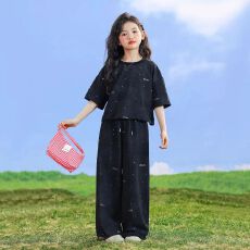 批发纯棉女童阔腿裤套装夏季儿童新款洋气时髦两件套休闲风小女孩夏装