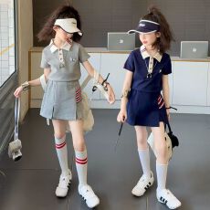 批发童装夏季套装新款儿童小女孩Polo领短袖T恤短裙女童学院风两件套