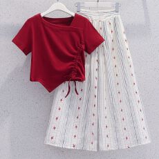 批发<b class='q'>女童</b>碎花阔腿<b class='q'>裤</b>套装夏季中大童不规则短袖T恤抽绳褶皱休闲两件套