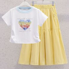 批发<b class='q'>女</b>童甜美<b class='q'>休闲</b><b class='q'>新</b>款<b class='q'>套装</b>夏季中大童<b class='q'>宝宝</b>洋气夏季短袖半身裙两件<b class='q'>套装</b>