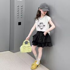 批发女童夏季套装裙新款洋气中大儿童短袖T恤蛋糕裙小女孩学院风套装