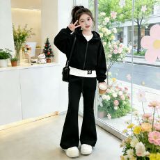 批发女童春秋休闲套装新款<b class='q'>儿童</b>打底衫连帽开衫卫衣喇叭裤运动服三件套