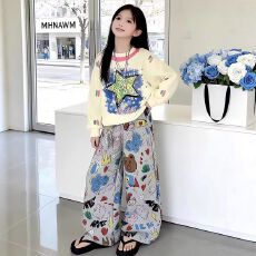 批发女童春季卫衣套装韩系穿搭小女孩时尚休闲涂鸦阔腿裤运动服两件套