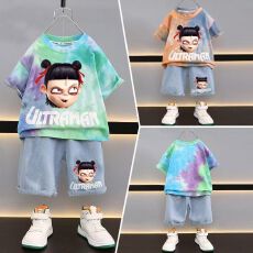批发男童<b class='q'>彩</b>色穿搭多巴胺哪吒服<b class='q'>装</b>夏日短袖套<b class='q'>装</b>儿童宝宝男孩小少爷衣服