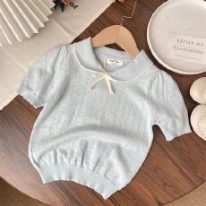 批发夏季女宝翻领短袖针织短袖薄款女童幼儿园半袖上衣公主儿童衣服