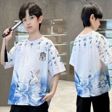 批发速干衣【聚酯纤维】<b class='q'>男童</b>T恤<b class='q'>渐变</b>扎染中国风上衣
