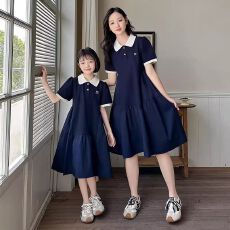 批发【母女装女童<b class='q'>夏</b>款连衣裙短袖POLO裙<b class='q'>夏</b>季亲子装休闲母女学院风裙子