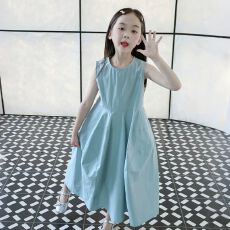 批发高级感女童连衣裙2026<b class='q'>夏</b>季儿童法式背心裙蓝色裙子气质长裙中大童