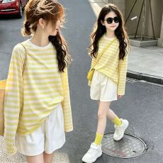 批发【母女装女大童夏套装小女孩绝美两件套儿童条纹长袖防晒罩衫短裤