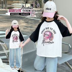 批发两件套女童夏装套装女大童<b class='q'>休闲</b>儿童装阔腿裤牛仔裤夏季短袖T恤