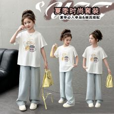批发两件套女童夏装套装女大童<b class='q'>休闲</b>儿童装阔腿裤牛仔裤夏季短袖T恤