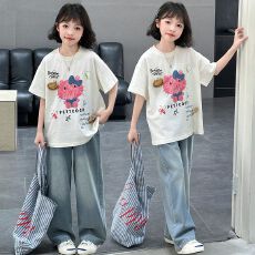 批发两件套女童夏装套装女大童<b class='q'>休闲</b>儿童装阔腿裤牛仔裤夏季短袖T恤