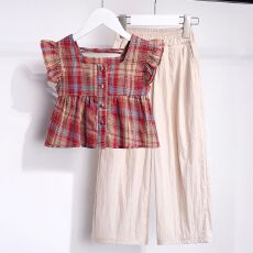 批发【原版质量】女童阔腿裤套装夏款时尚儿童网红格子飞袖上衣山本裤
