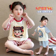 批发男女童睡衣夏季新款短袖男宝宝薄款家居服哪吒敖丙中小童套装