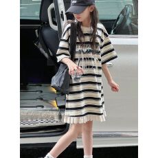 批发中大<b class='q'>童装</b>印花条纹花边<b class='q'>女</b><b class='q'>童</b><b class='q'>连衣裙</b>2026夏装新款儿童短袖裙子A字裙