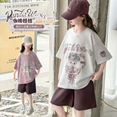 批发上衣纯棉+裤子酷丝绵 两件套女童夏套装女孩短袖短裤t恤两件套