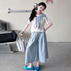 批发<b class='q'>女童</b>夏<b class='q'>季</b>新款韩系超好看披肩短袖T恤儿童洋气休闲上衣中大童套装t