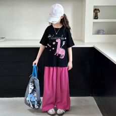 上衣纯棉+裤子锦涤皱  两件套女童装夏季短袖套装儿童薄款阔腿裤