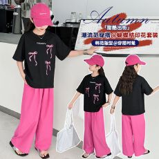 上衣纯棉+裤子锦涤皱  两件套女童装夏季短袖套装儿童薄款阔腿裤