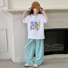 上衣纯棉+裤子锦涤皱  两件套女童装夏季短袖套装儿童薄款阔腿裤