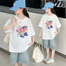 牛仔裤两件套女童夏装韩版套装女孩卡通T短袖短裤t恤时髦两件套潮