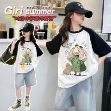 牛仔裤两件套女童夏装韩版套装女孩卡通T短袖短裤t恤时髦两件套潮
