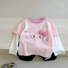 批发纯棉女童假两件长袖t恤春<b class='q'>秋</b>季新款女宝宝卡通圆领上衣休闲打底衫
