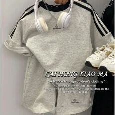 批发纯棉<b class='q'>男</b><b class='q'>童</b>装夏季套装2026款宝宝灰色短袖t恤短裤运动两件套+后包领
