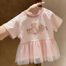 批发<b class='q'>女</b><b class='q'>童</b>纯棉短袖<b class='q'>t</b><b class='q'>恤</b>夏季新款女宝宝洋气卡通印花甜美拼接网纱上衣服
