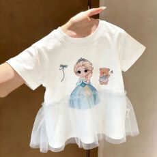 批发纯棉<b class='q'>女</b><b class='q'>童</b>短袖<b class='q'>t</b><b class='q'>恤</b>夏季新款卡通艾莎公主拼接网纱甜美公主上衣