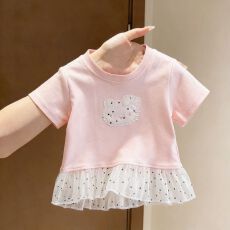 批发纯棉<b class='q'>女</b><b class='q'>童</b>短袖<b class='q'>t</b><b class='q'>恤</b>夏季新款女宝宝洋气卡通贴布波点网纱圆领上衣