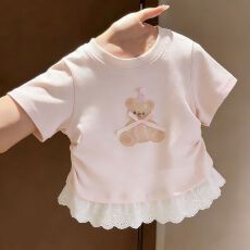 批发<b class='q'>女</b><b class='q'>童</b>纯棉短袖<b class='q'>t</b><b class='q'>恤</b>夏季新款中小童宝宝卡通印花洋气花边上衣潮