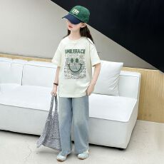 批发两件套<b class='q'>女</b><b class='q'>童</b>夏装套装女大童休闲儿<b class='q'>童装</b>阔腿裤牛仔裤夏季短袖<b class='q'>T</b><b class='q'>恤</b>