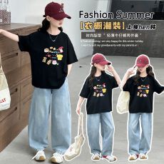 批发两件套<b class='q'>女</b><b class='q'>童</b>夏装套装女大童休闲儿<b class='q'>童装</b>阔腿裤牛仔裤夏季短袖<b class='q'>T</b><b class='q'>恤</b>