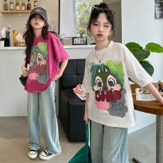 批发两件套女童短袖夏季套装<b class='q'>儿童</b>休闲洋气夏装大童宽松<b class='q'>牛仔裤</b>两件套